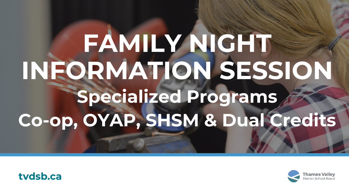 Join us for a virtual session on April 30 from 7–8 PM to discover exciting opportunities for students in Grades 7–11! We'll explore Co-op, Specialist High Skills Major (SHSM), Dual Credit &amp; Ontario Youth Apprenticeship Program (OYAP) options through TVDSB.
ow.ly/uYQc50VGsTJ