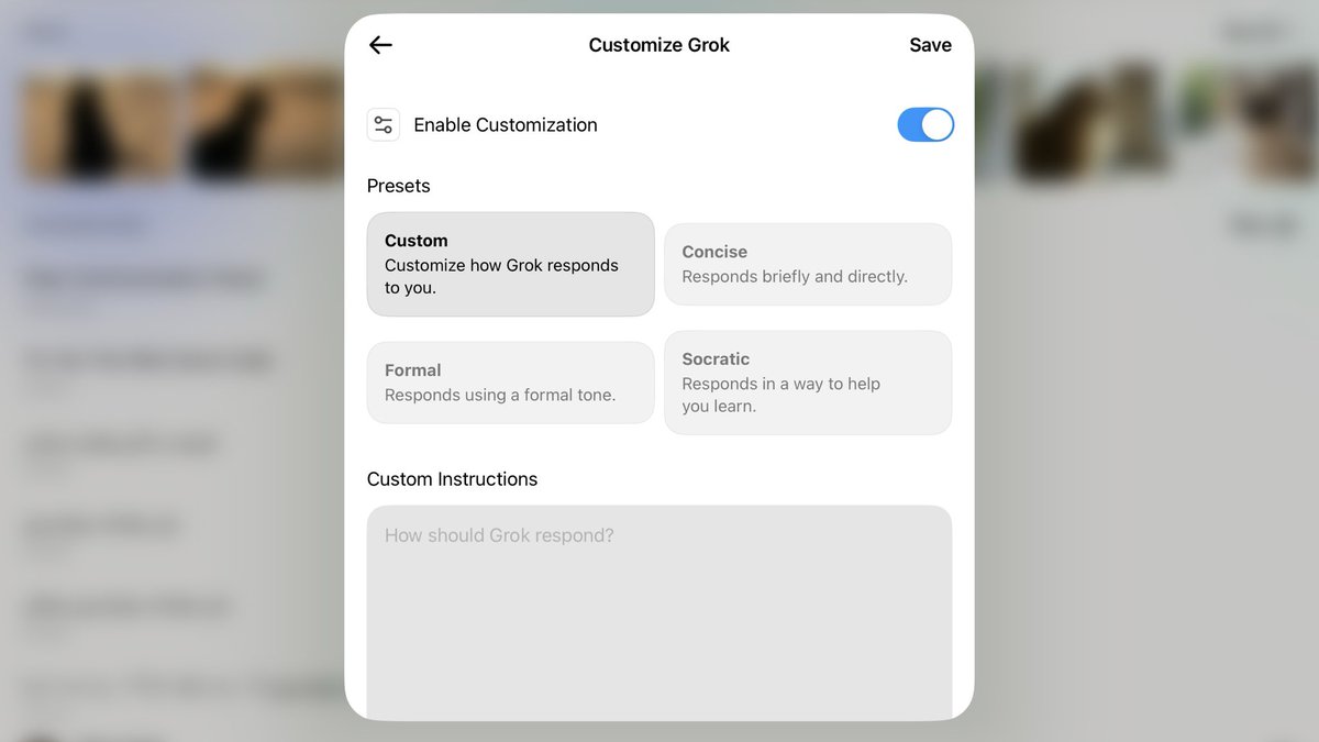 In case you didn’t know, you can customize GROK the way you want!

Just tell it how you want your responses to be!
