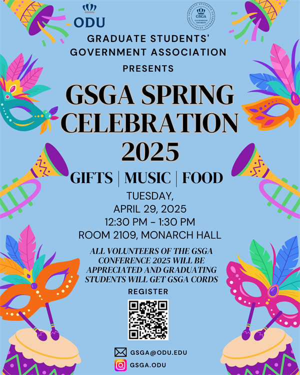 We want to celebrate you!

📅 Date: Tuesday, April 29, 2025 📍 Location: Room 2109, Monarch Hall ⏰ Time: 12:30 pm - 1:30 pm

Register using the link below. 
bit.ly/3Gp66aZ

#odu #dceps
