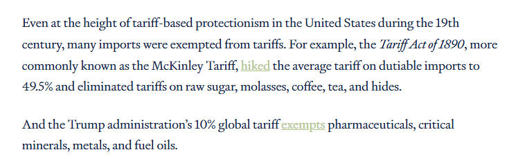 Brendan_Duke's tweet photo. Michael Lind appears to be so out to lunch on what the President's actual tariff policies are that he writes pharmaceuticals and metals are exempted from the 10% global tariff without realizing it's because he has introduced or plans to introduce *25% tariffs* on them. https://t.co/43ybfp5W6a