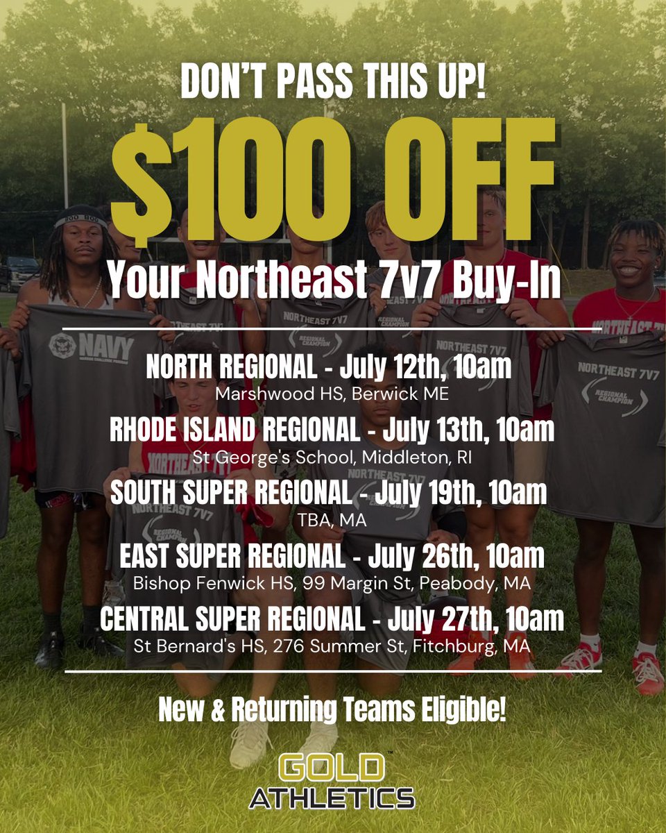 Gold Athletics (@goldathletics) on Twitter photo Don’t pass this opportunity up! 🏈 Get $100 OFF your <a href="/northeast7v7/">Northeast7v7</a> registration when you sign up for an off-season fundraiser with us. Let’s raise more and pay less—together! 💪 #FundraiseToPlay #GoldAthletics #FootballTournament <a href="/CoachDembo/">Steve Dembowski</a> Don’t pass this opportunity up! 🏈 Get $100 OFF your <a href="/northeast7v7/">Northeast7v7</a> registration when you sign up for an off-season fundraiser with us. Let’s raise more and pay less—together! 💪 #FundraiseToPlay #GoldAthletics #FootballTournament <a href="/CoachDembo/">Steve Dembowski</a>