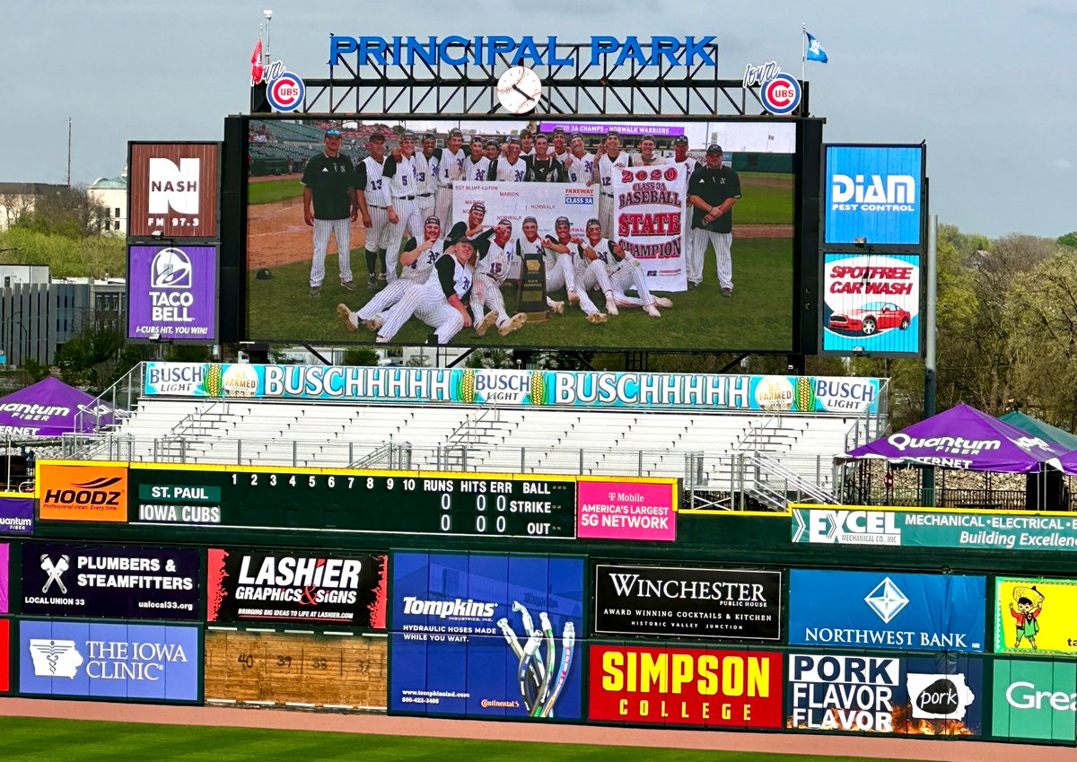 iahsbb's tweet photo. We’re not sure why this photo of the 2020 Class 3A state champion Norwalk Warriors was on the Principal Park video board the other day. But there it was. And here it is. #iahsbb https://t.co/u6KC6YmyYR