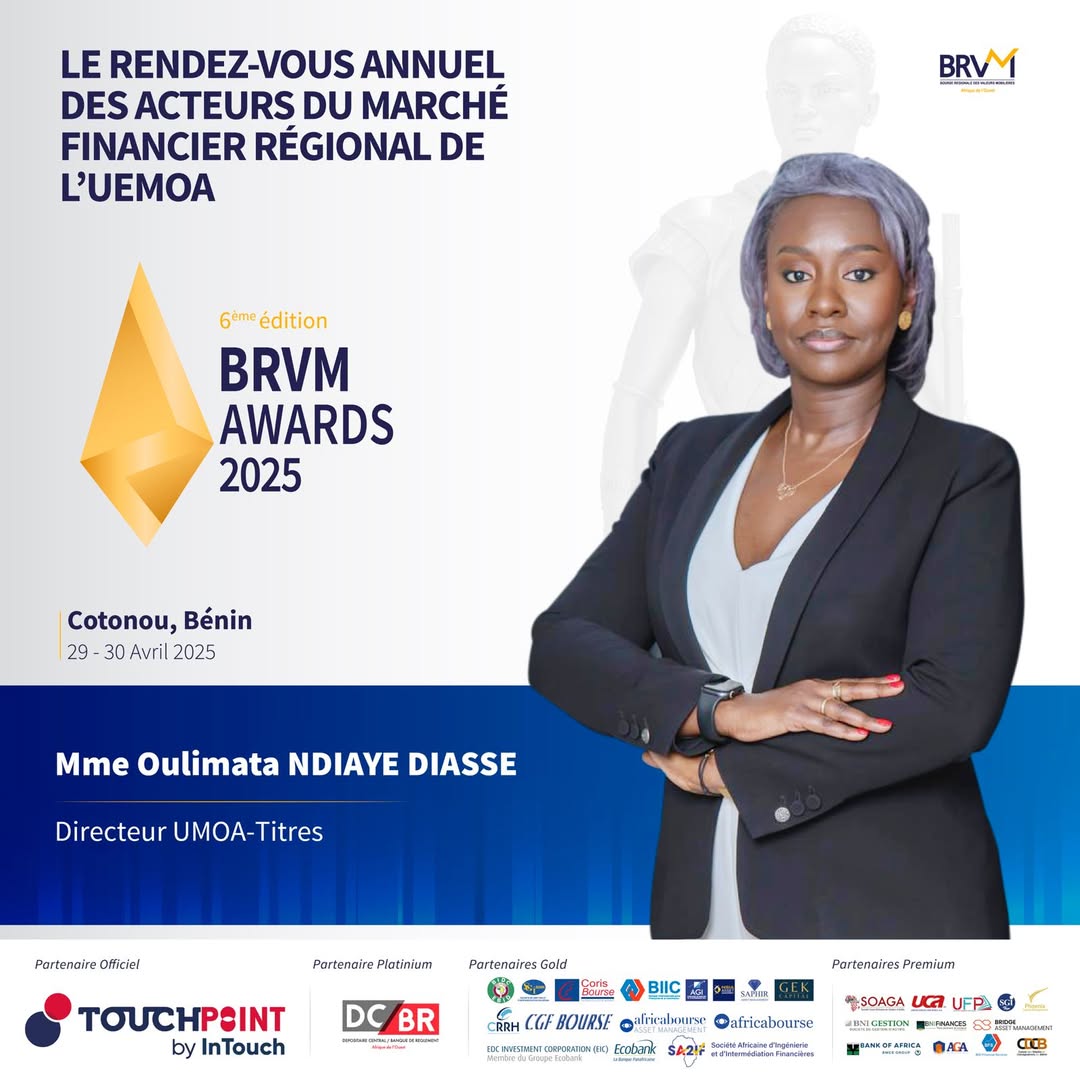 BrvmTv's tweet image. Nous avons le plaisir d’annoncer la participation de Madame 𝐎𝐮𝐥𝐢𝐦𝐚𝐭𝐚 𝐍𝐃𝐈𝐀𝐘𝐄 𝐃𝐈𝐀𝐒𝐒𝐄, Directrice d&apos;UMOA-Titres, aux BRVM Awards 2025, qui se tiendront les 29 et 30 avril à Cotonou.

#BRVMAwards2025 #UMOATitres #InnovationFinancière #FinancementPublic