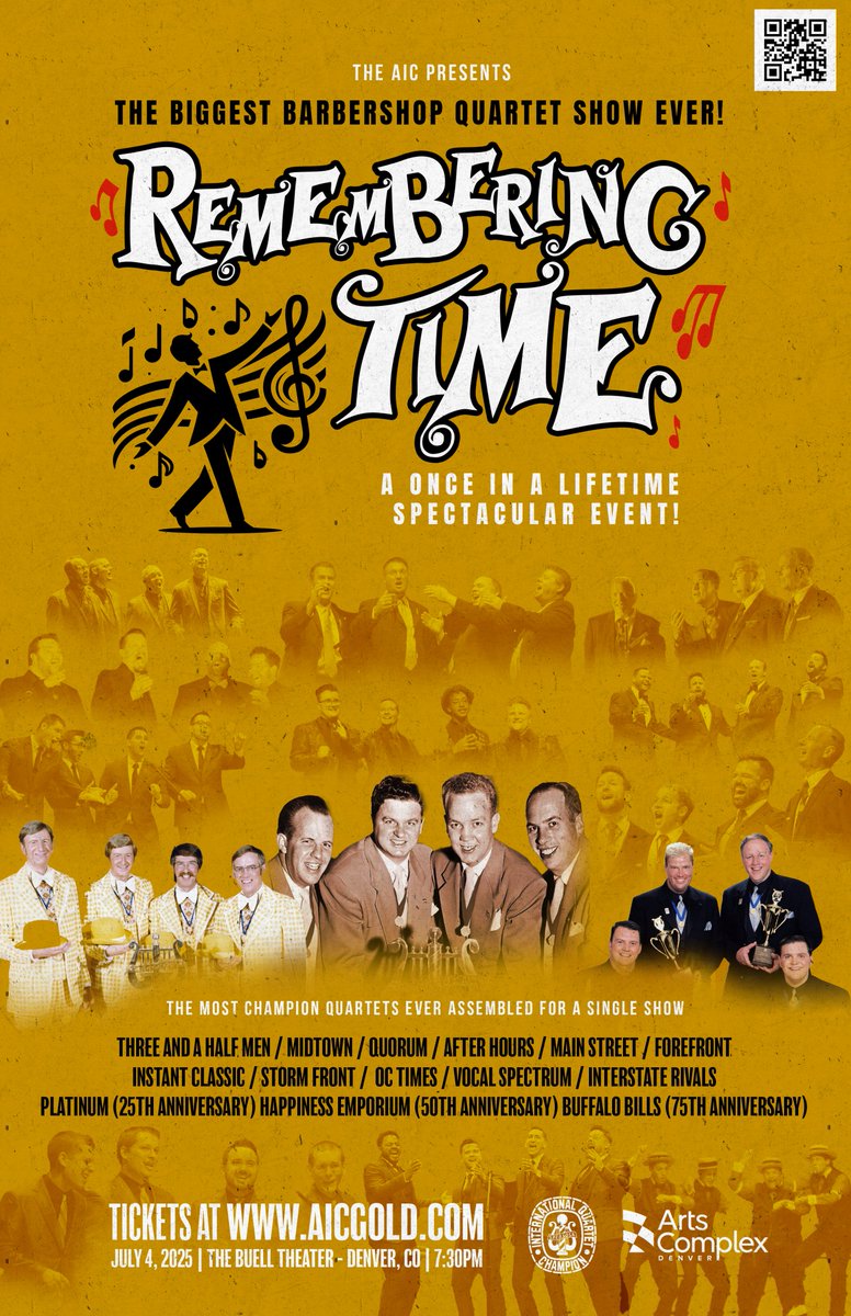 TICKETS AVAILABLE NOW at aicgold.com 

The biggest show of Champions in AIC history takes place in Denver, Colorado, on Friday, July 4th.

Remembering Time

Featuring:
Three and a Half Men
Midtown
Instant Classic
Quorum
After Hours
Main Street
Forefront
OC Times
Storm