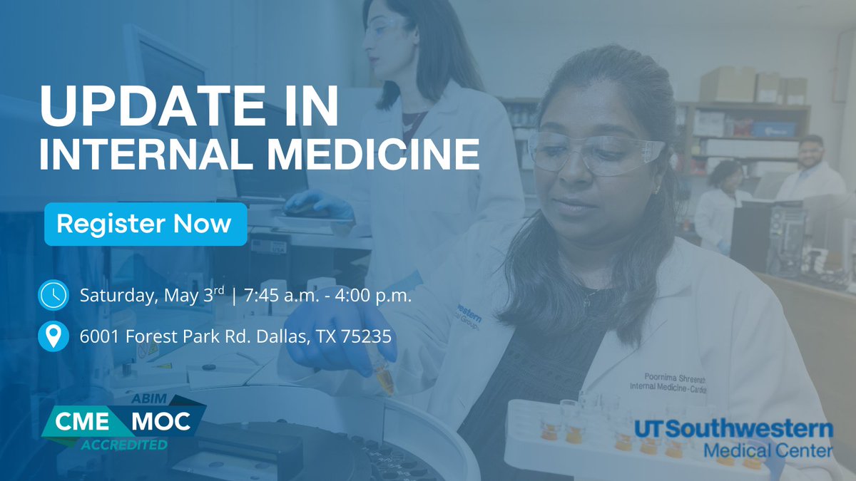 UT Southwestern Medical Center (@utswmedcenter) on Twitter photo Get up to speed on what’s new—and what’s next.
<a href="/UTSWInternalMed/">UTSW Internal Medicine</a>’s Update in Internal Medicine returns on May 3 with timely, practical updates for primary care and internal medicine physicians.
Featuring expert talks + GLP1-RA panel.
🔗 Register: bit.ly/4cC43fU Get up to speed on what’s new—and what’s next.
<a href="/UTSWInternalMed/">UTSW Internal Medicine</a>’s Update in Internal Medicine returns on May 3 with timely, practical updates for primary care and internal medicine physicians.
Featuring expert talks + GLP1-RA panel.
đź”— Register: bit.ly/4cC43fU
