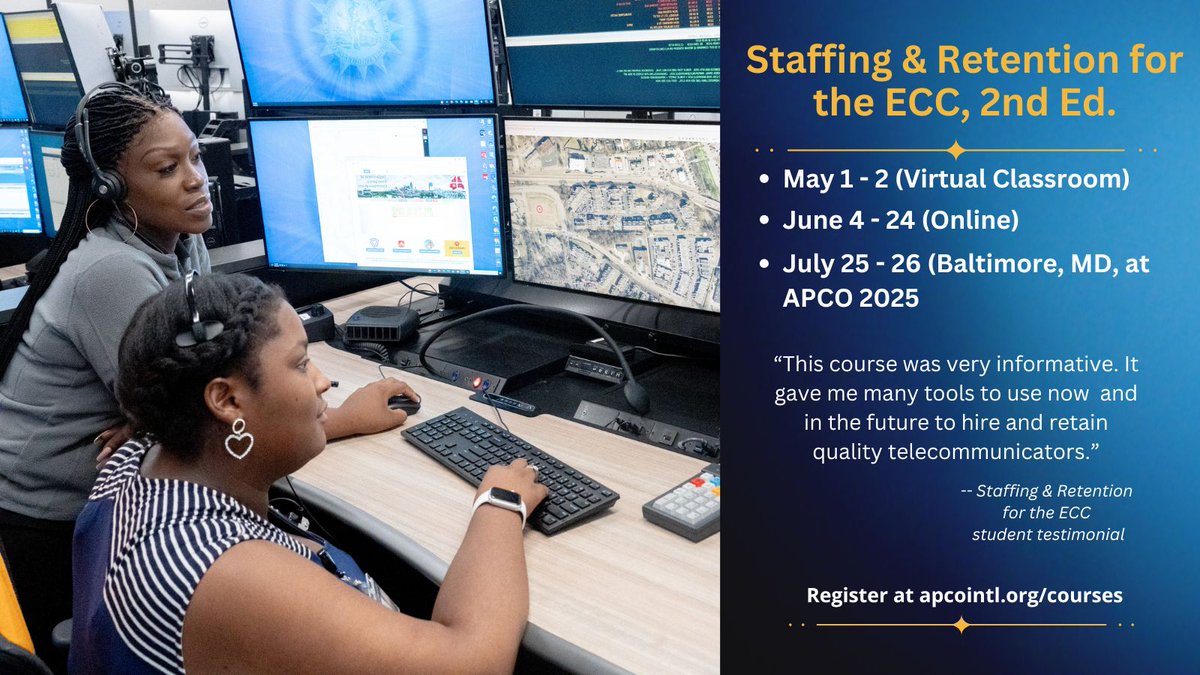 Struggling with staffing and retention in your ECC?
APCO's newly updated Staffing and Retention for the ECC, 2nd Ed. is here to help. Coming up in the APCO Virtual Classroom on May 1 - 2. Register at apcointl.org/courses/staffi…