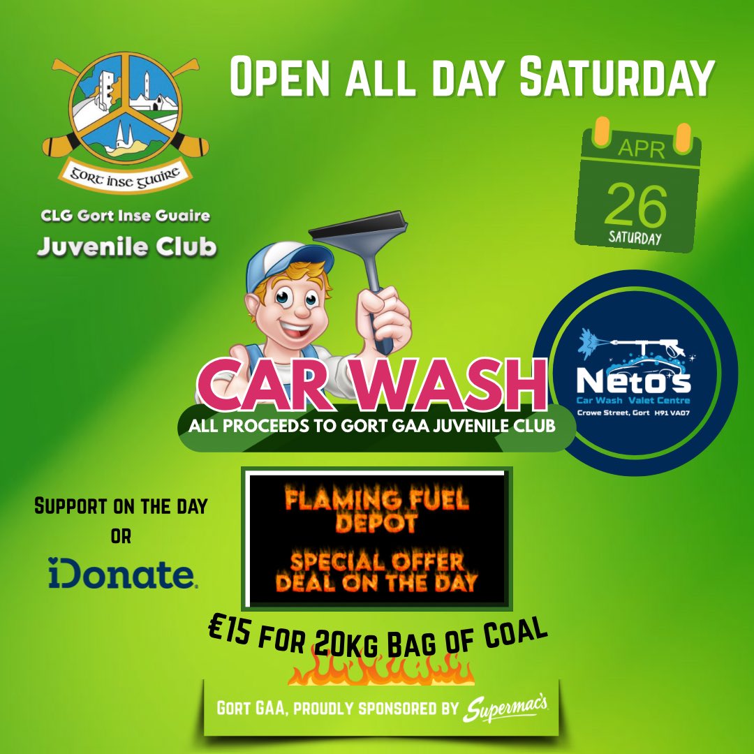 Great work by our volunteer juvenile players, coaches and family today at Neto's Car Wash. 
Open all day tomorrow (Saturday) so please support if at all possible. 

Otherwise contribute via the link. 

idonate.ie/event/GortGAAC…