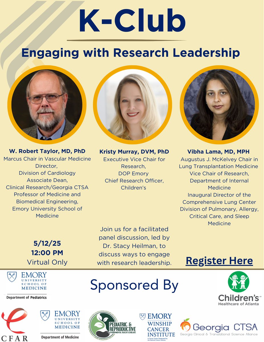 Pediatric Research Alliance (@atlpedsresearch) on Twitter photo Join us for our May K-Club, where Drs. Robert Taylor, Vibha Lama, and <a href="/drkristymurray/">Dr. Kristy Murray</a> will share insight on engaging with research leadership!
🗓️ Monday, 5/12/25 at 12pm
✅ Register here: bit.ly/42HaiKJ Join us for our May K-Club, where Drs. Robert Taylor, Vibha Lama, and <a href="/drkristymurray/">Dr. Kristy Murray</a> will share insight on engaging with research leadership!
🗓️ Monday, 5/12/25 at 12pm
✅ Register here: bit.ly/42HaiKJ