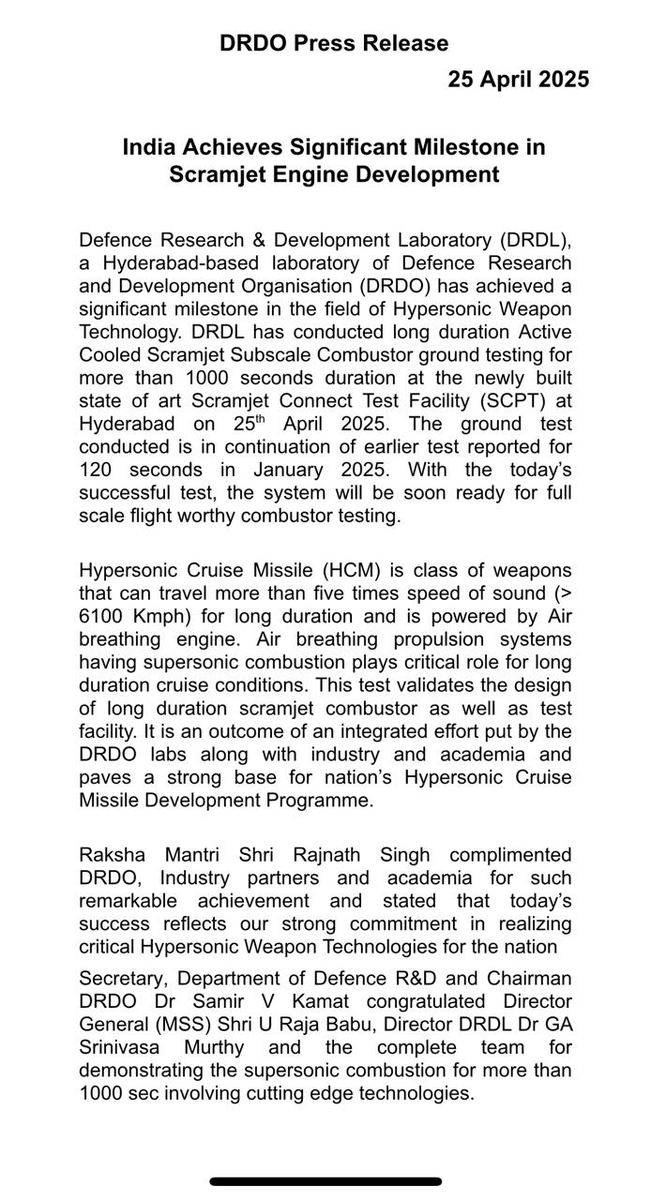 HiroShubham's tweet photo. India 🇮🇳 successfully tests Scramjet engine for 1,000+ seconds — a major step towards next-gen Hypersonic Cruise Missiles (>6100 kmph). 

#DRDO #DRDL #India #hypersonic
#missiles https://t.co/ovYgFHBCW2