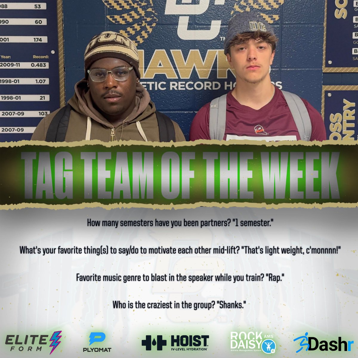 Thanks to Hoist, This week’s Male Hulk Hawk Tag Team Partners of the Week goes to Jordyn Shanks and Kaleb Ball. Here’s some more info on this great duo. 

#DecaturProud #HulkHawks #Compete #Hawkamania #personalbest