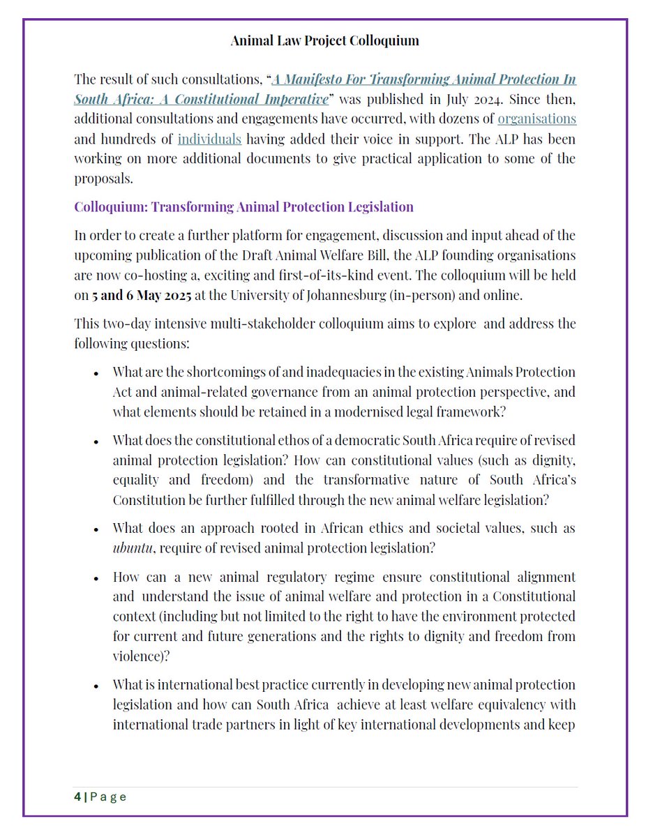 Colloquium Concept Note: 1 of 2
"Transforming Animal Protection Legislation in South Africa: A Constitutional Imperative"

Learn more: facebook.com/events/1705574… 

#Animallawproject