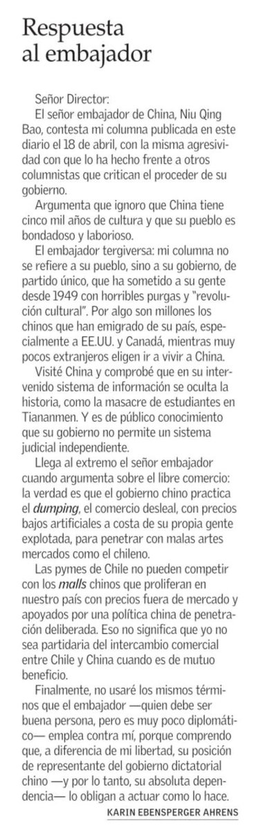 kebensperger's tweet image. Respuesta al Embajador de China :