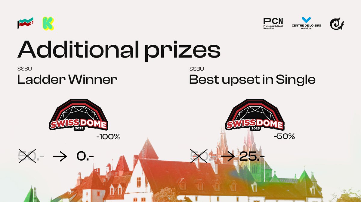 ⚠️ Additional prizes alert ⚠️

@SwissdomeCH is offering a free entry to the Ladder winner and a 50% discount to the player who pulls off the biggest upset in Single

Join the fight now 💥

Remember that they need 100 attendees by the end of May to make Swissdome happen 🙏