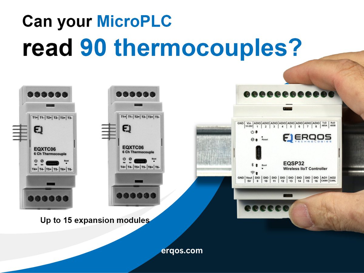 eqsp32's tweet image. Scale up to 90 thermocouples by extending the EQSP32 with up to 15 plug-and-play six-channel EQXTC modules.

🔗 erqos.com/product/eqxtc06

#EQSP32 #Erqos #IndustrialAutomation #IIoT #TemperatureMonitoring #Thermocouple #ProcessControl #SmartManufacturing #IndustrialIoT