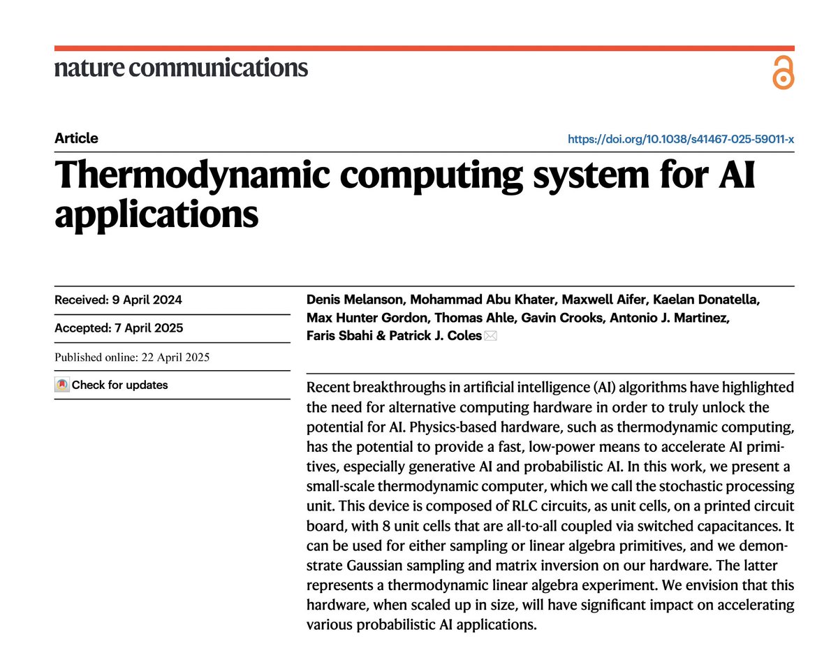 Normal Computing 🧠🌡️ (@normalcomputing) on Twitter photo We're excited to share that our research "Thermodynamic computing system for AI applications" has been published in <a href="/NatureComms/">Nature Communications</a>, detailing our early work on a prototype thermodynamic computer. Our stochastic processing unit used coupled RLC circuits with injected noise to demo We're excited to share that our research "Thermodynamic computing system for AI applications" has been published in <a href="/NatureComms/">Nature Communications</a>, detailing our early work on a prototype thermodynamic computer. Our stochastic processing unit used coupled RLC circuits with injected noise to demo