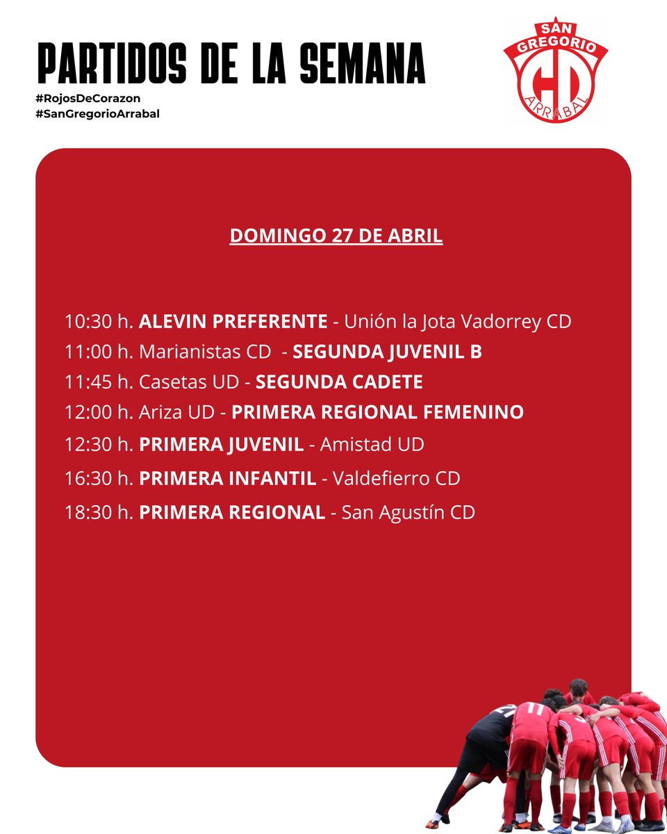 Horarios de nuestros equipos para este fin de semana! Mucha suerte a todos. 𝗩𝗔𝗠𝗢𝗦 𝗥𝗢𝗝𝗢𝗦! ❤️ #RojosDeCorazoneCorazon
#sangregorioarrabal