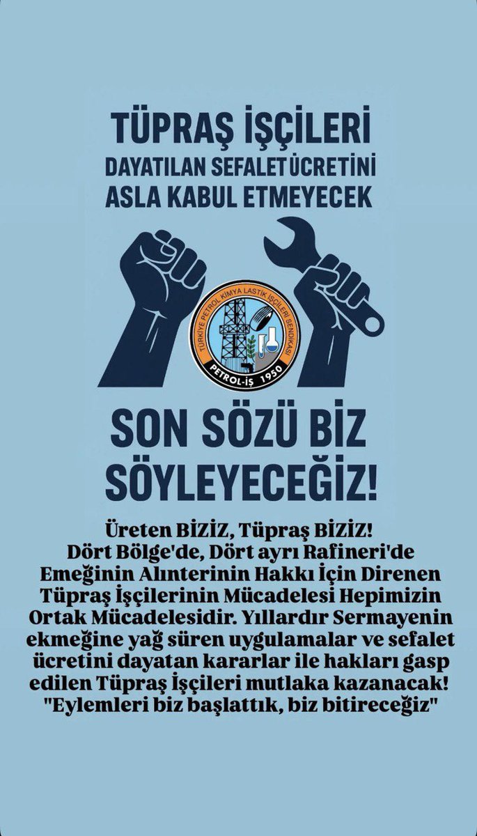 SivanKrmzck's tweet photo. Tüpraş patronu bilsin:
Bu işçi pazarlıkla hak satmaz,
Dayatmayla geri adım atmaz!
Tüpraş işçisi kazanacak, hepimiz kazanacağız!
#İşçininİradesiSözleşmeyeYazılır
#TüpraşİşçisiDireniyor
#tuprsiscisidireniyor https://t.co/Blw3UW7h95