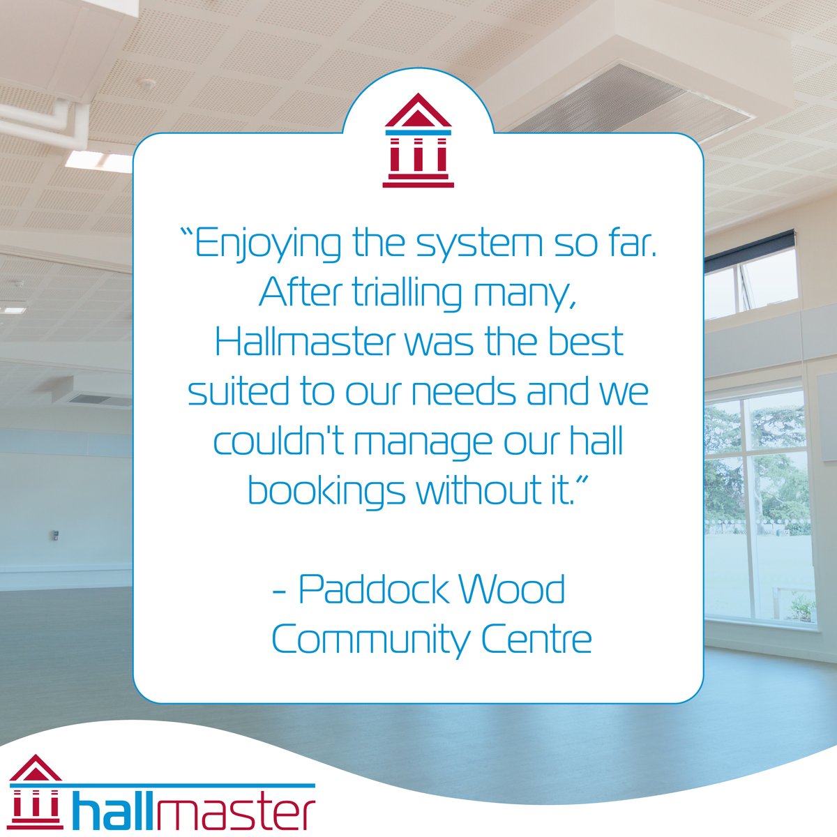 Hall_Master's tweet image. Thank you to Paddock Wood Community Centre for this fantastic feedback ❤️🏛️
"Enjoying the system so far. After trialling many, Hallmaster was the best suited to our needs and we couldn't manage our hall booking without it."
- Paddock Wood Community Centre
#hallmaster #community