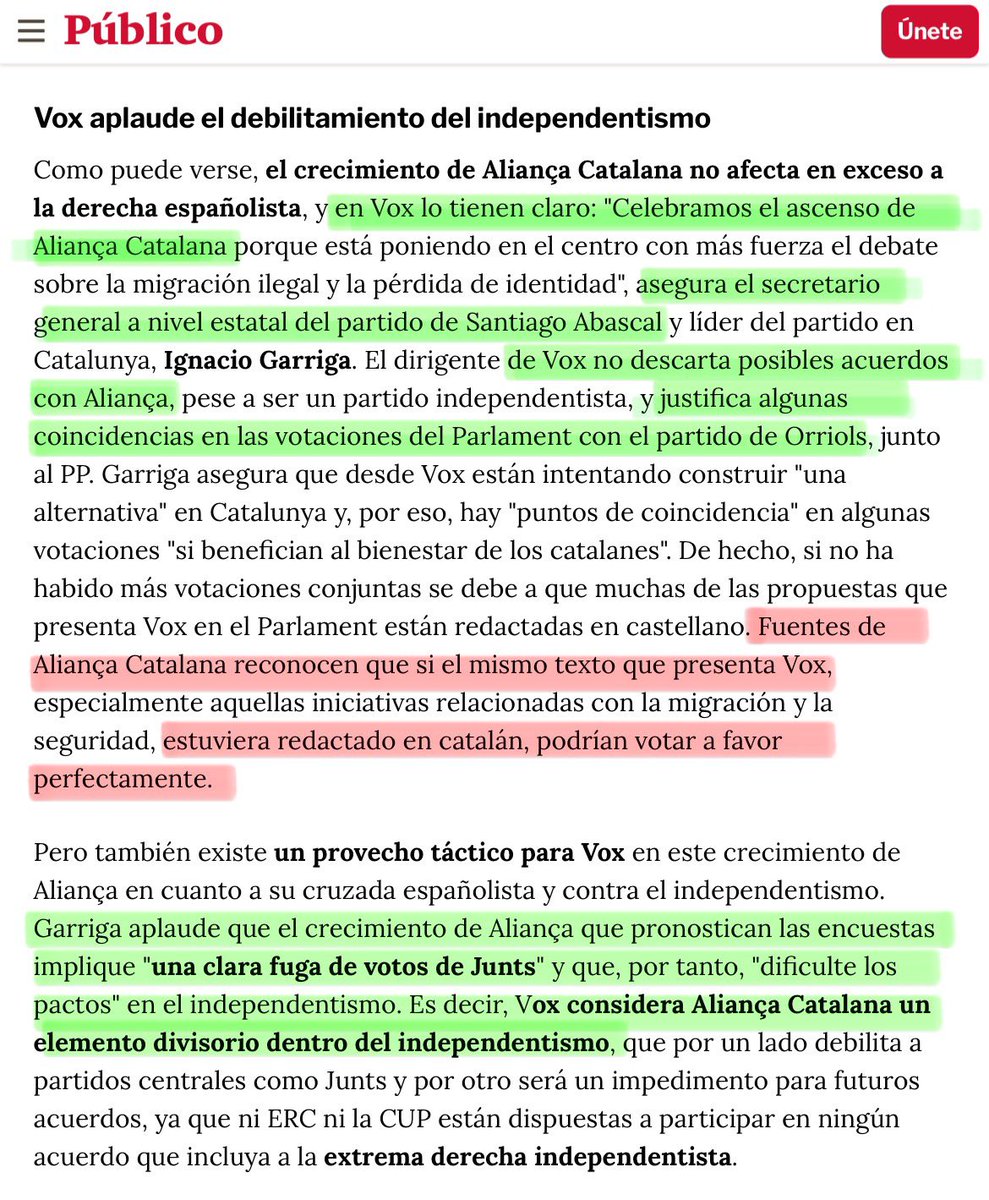 🟢 Abascal (Vox): “Celebramos el ascenso de Aliança Catalana porque implica una fuga de votos a Puigdemont y divide el independentismo”. 

Vox no descarta pactes amb Sílvia Orriols i Aliança reconeixen que votarien la majoria de propostes de Vox si les redactessin en català: