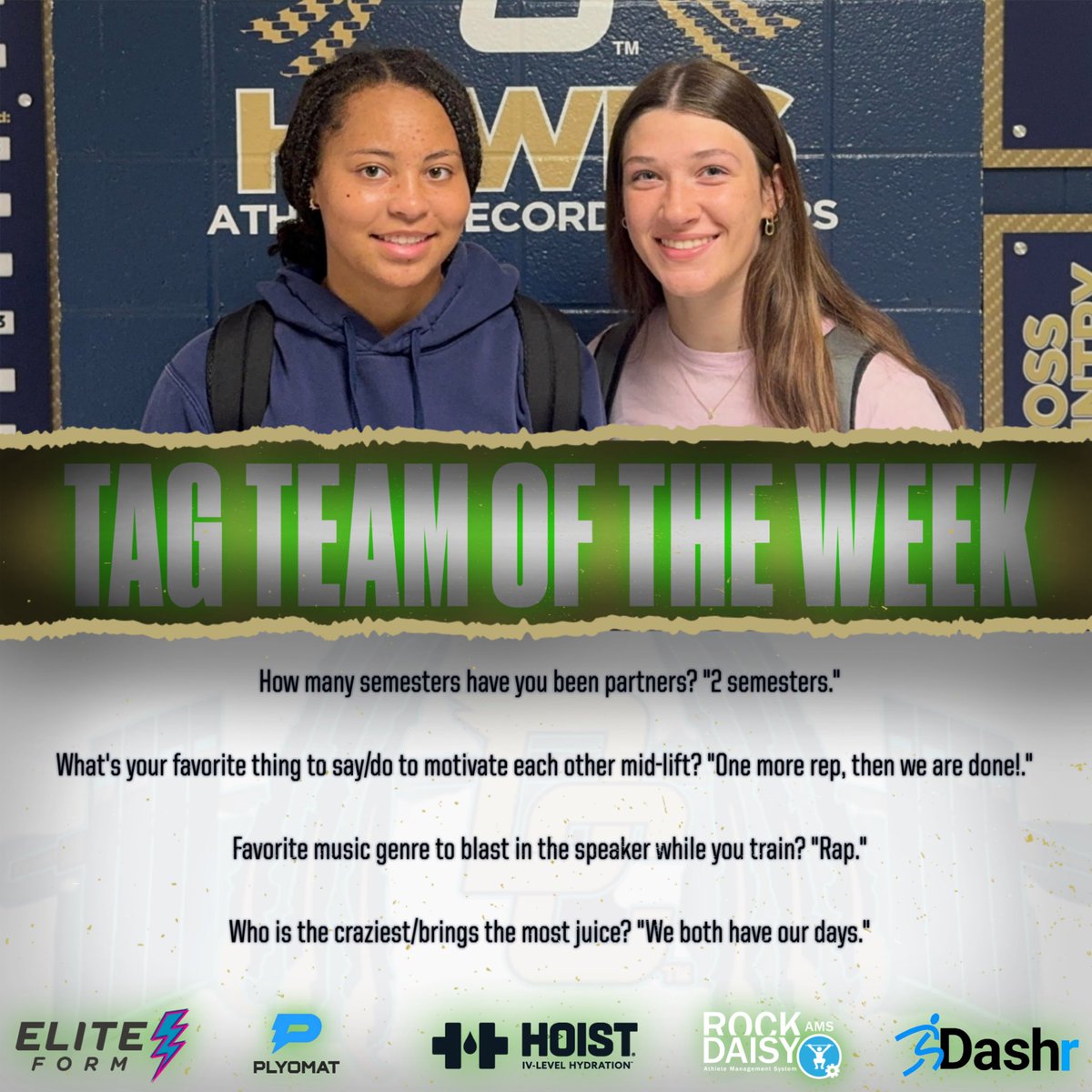 Thanks to Hoist, This week’s Female Hulk Hawk Tag Team Partners of the Week goes to Mak Wilkerson and Baylie Polston. Here’s some more info on this great duo. 

#DecaturProud #HulkHawks #Compete #Hawkamania #personalbest