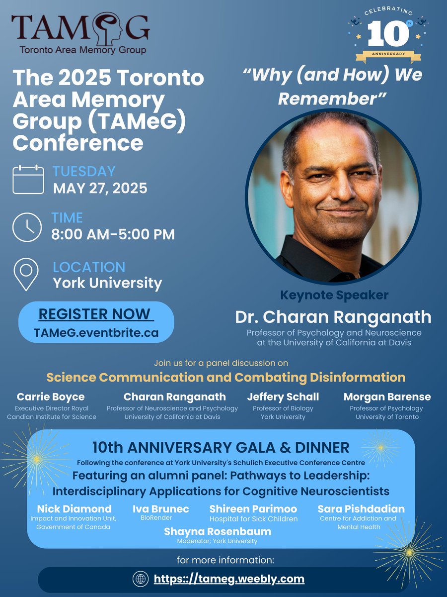 GTA memory ppl, register NOW for #TAMeG2025 feat <a href="/CharanRanganath/">Charan Ranganath</a> with SciComm panel <a href="/boyceterous_rex/">Carrie Boyce</a> Dr. J Schall &amp; <a href="/morganbarense/">Morgan Barense</a>

Don't miss our 10th Anniv Gala 🎊 feat alumni panel with <a href="/NickBDiamond/">Nick Diamond</a> <a href="/sarapishdadian/">Sara Pishdadian, Ph.D</a> <a href="/ShireenParimoo/">Shireen Parimoo, PhD</a> &amp; <a href="/RosenbaumMemory/">Shayna Rosenbaum 🎗️</a> 

tameg.weebly.com