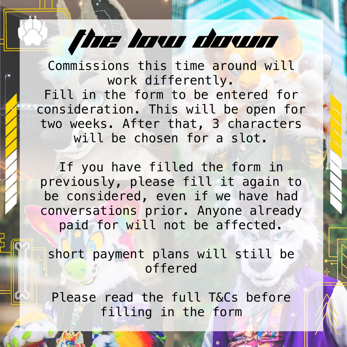 LETS GOOO! WE are open for commissions! 

The form will be open for two weeks from today, closing on May 9th. 

Find all the details you need here: linktr.ee/playdeadworksh…