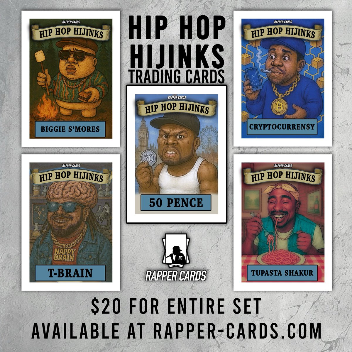 JUST DROPPED: Hip Hop Hijinks First Ever Card Set
The first-ever Hip Hop Hijinks trading card set is HERE—bringing wild parody, clever bars, and collectible heat straight to your hands. For just $20, you get the first full lineup:

💰 50 Pence – Half the value, twice the beef