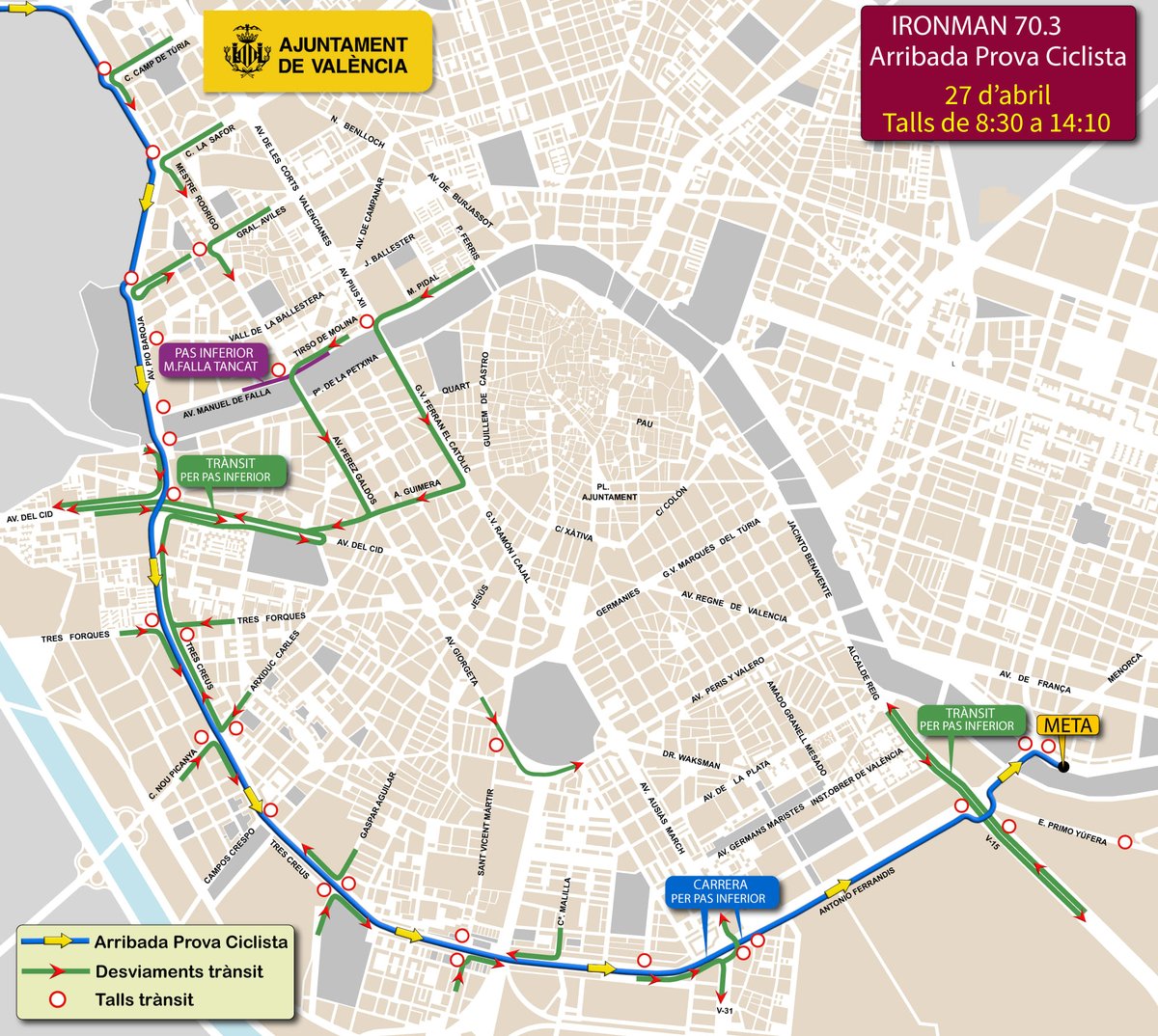 👟Afeccions al trànsit per la #IronMan 70.3 #València 🏊🚴🏃‍♂️ del diumenge.
🚫Prohibit estacionar:
📍Passeig de l’Albereda, entre pont de l’Assut de l’Or i el carrer d’Eivissa i la banda més pròxima al jardí central
📍Demà ambdues bandes de <a href="/lamarinadevlc/">La Marina de València</a> 

#IM703Valencia #IMSpain