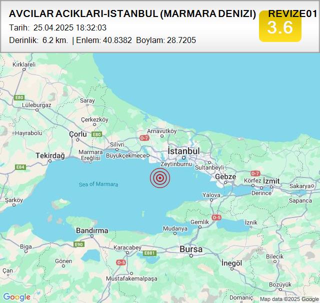 AVCILAR ACIKLARI-ISTANBUL (MARMARA DENIZI)        REVIZE01   (2025.04.25 18:32:03)
Büyüklük: 3.6
Tarih:
 25.04.2025
Saat:
 18:32:03
Derinlik:
 6.2 km #deprem #MARMARADENIZI