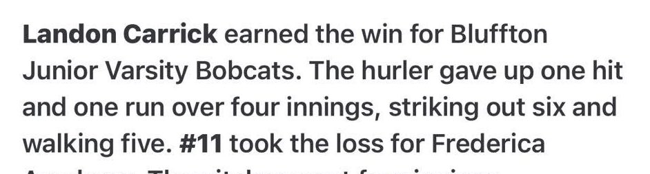 landonwc211's tweet image. Ended my freshman season on a high note last night going 3-3 hitting with 2 rbis. Final stats for the season was a .259 b/a, and 20 strikeouts with 26 innings pitched.
@blkittysr @BobcatsBluffton