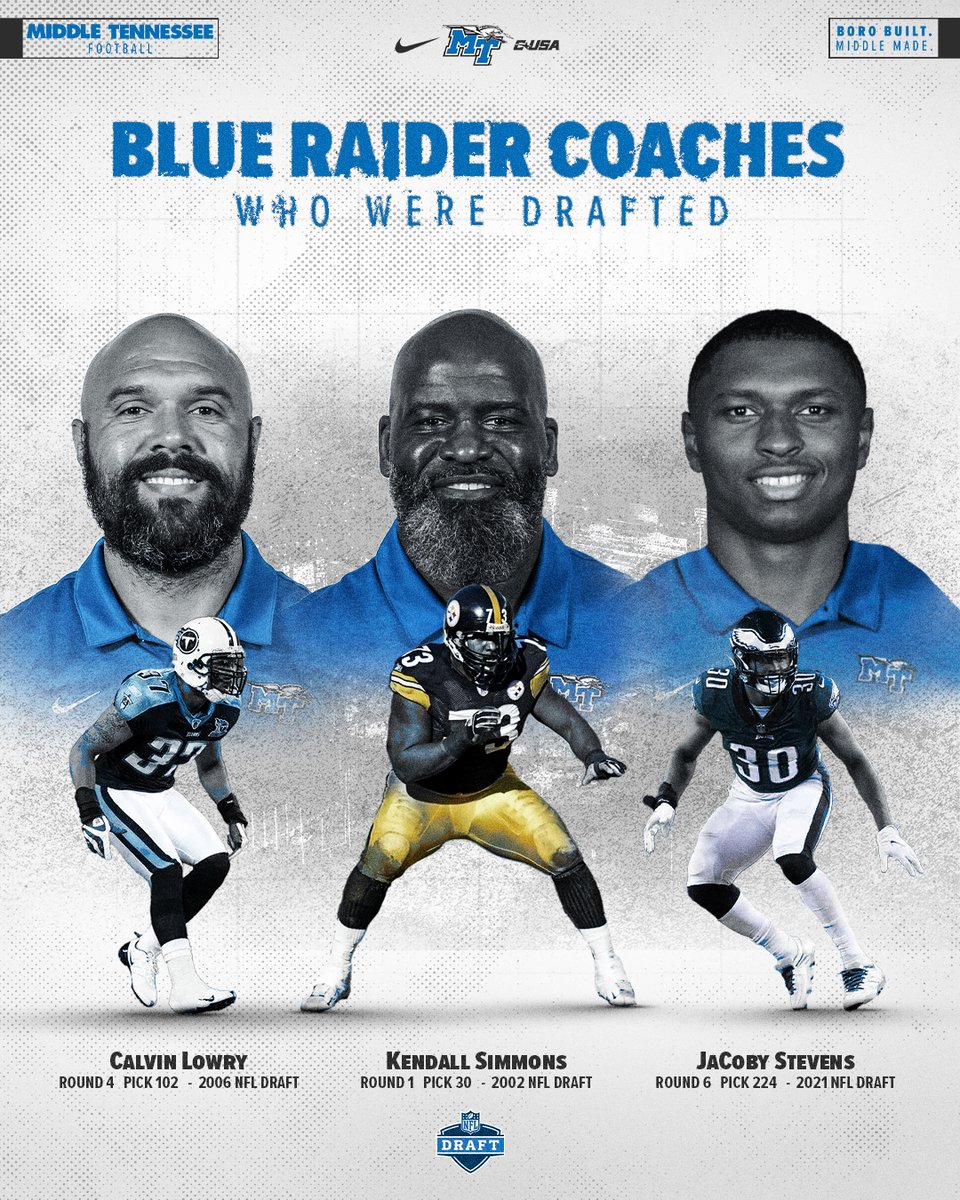 Middle Tennessee Football (@mt_fb) on Twitter photo 3️⃣ Blue Raider coaches were selected in the #NFLDraft!
🏈 <a href="/CalvinLowry/">Calvin Lowry</a>
🏈 <a href="/bigk73/">Kendall Simmons</a>
🏈 <a href="/jacobystevens7/">JaCoby Stevens</a>
#BoroBuiltMiddleMade 3️⃣ Blue Raider coaches were selected in the #NFLDraft!
🏈 <a href="/CalvinLowry/">Calvin Lowry</a>
🏈 <a href="/bigk73/">Kendall Simmons</a>
🏈 <a href="/jacobystevens7/">JaCoby Stevens</a>
#BoroBuiltMiddleMade