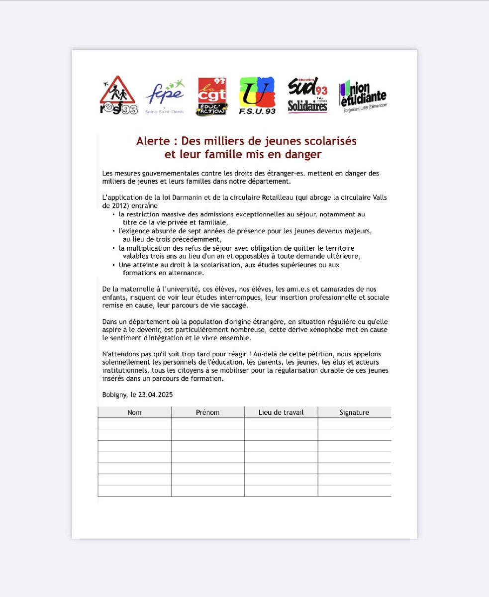 Les mesures gouvernementales contre les droits des étranger·es. mettent en danger des
  milliers de jeunes et leurs familles dans notre département De Seine Saint Denis                         reseau-resf.fr/APPEL-UNITAIRE…