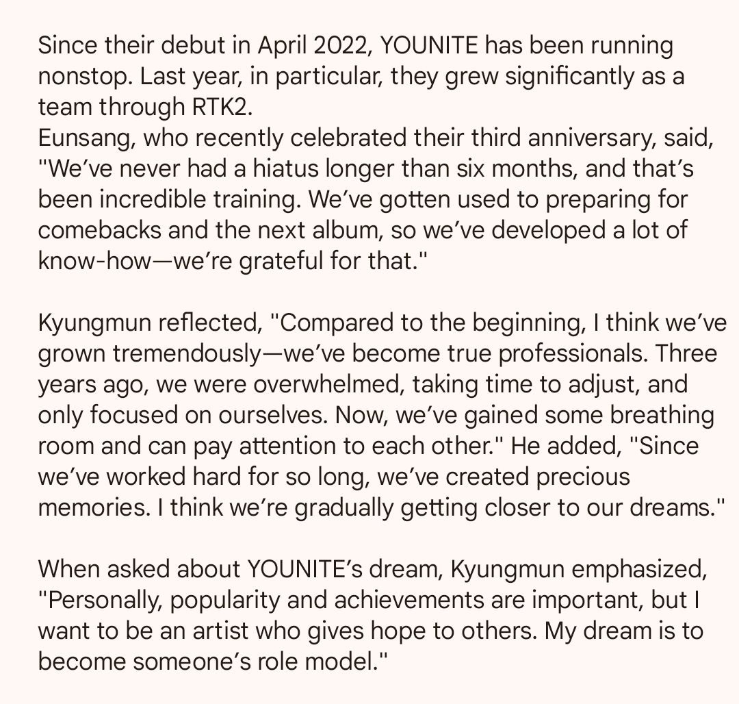 [ARTICLE] 250425 🗞️
⇢ News1 - Ko Seungah

<a href="/YOUNITE_twt/">YOUNITE</a> 
Comeback 'We Had a Lot of Concerns About It Being Our 7th EP… But We Found a Breakthrough'

🔗 m.entertain.naver.com/article/421/00…

#유나이트 #YOUNITE <a href="/YOUNITE_offcl/">YOUNITE</a>