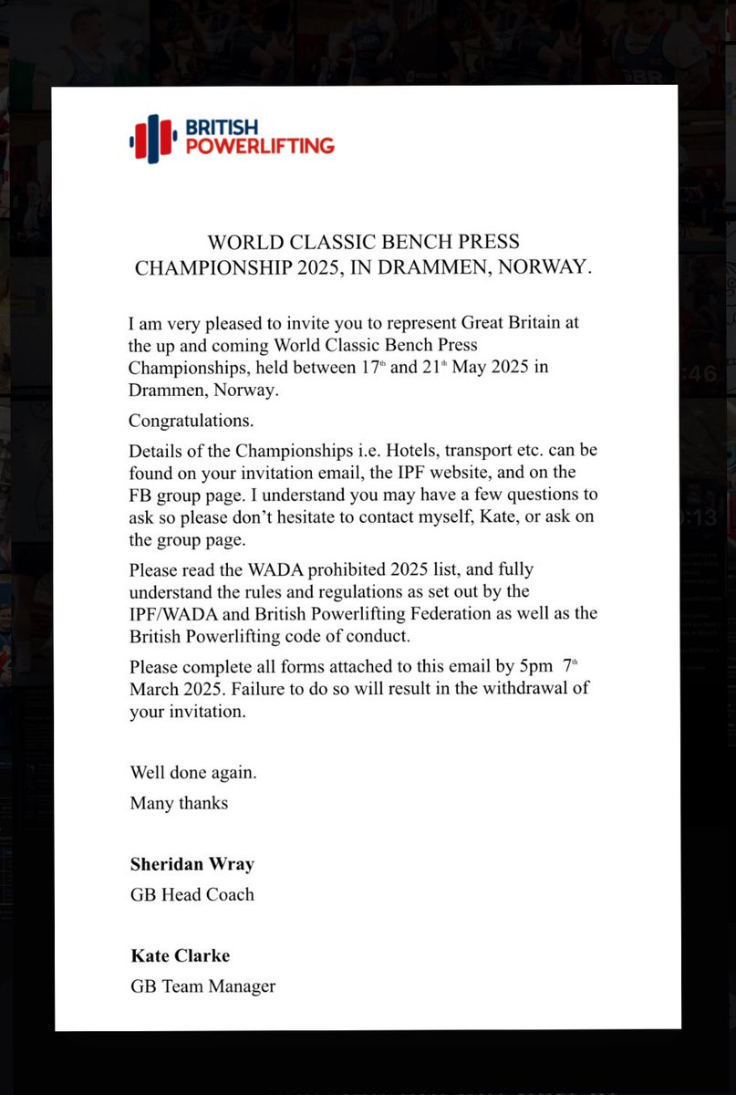 Wesley McGuinness (@wesleymcguinne1) on Twitter photo Proud to share that I received my invite today to represent Team GB on the international stage next month.
This is my 6th outing repping the GB singlet and representing the <a href="/RoyalNavy/">Royal Navy</a> and I am grateful for all the support and opportunities RN Sport has offered!
Thank you. Proud to share that I received my invite today to represent Team GB on the international stage next month.
This is my 6th outing repping the GB singlet and representing the <a href="/RoyalNavy/">Royal Navy</a> and I am grateful for all the support and opportunities RN Sport has offered!
Thank you.