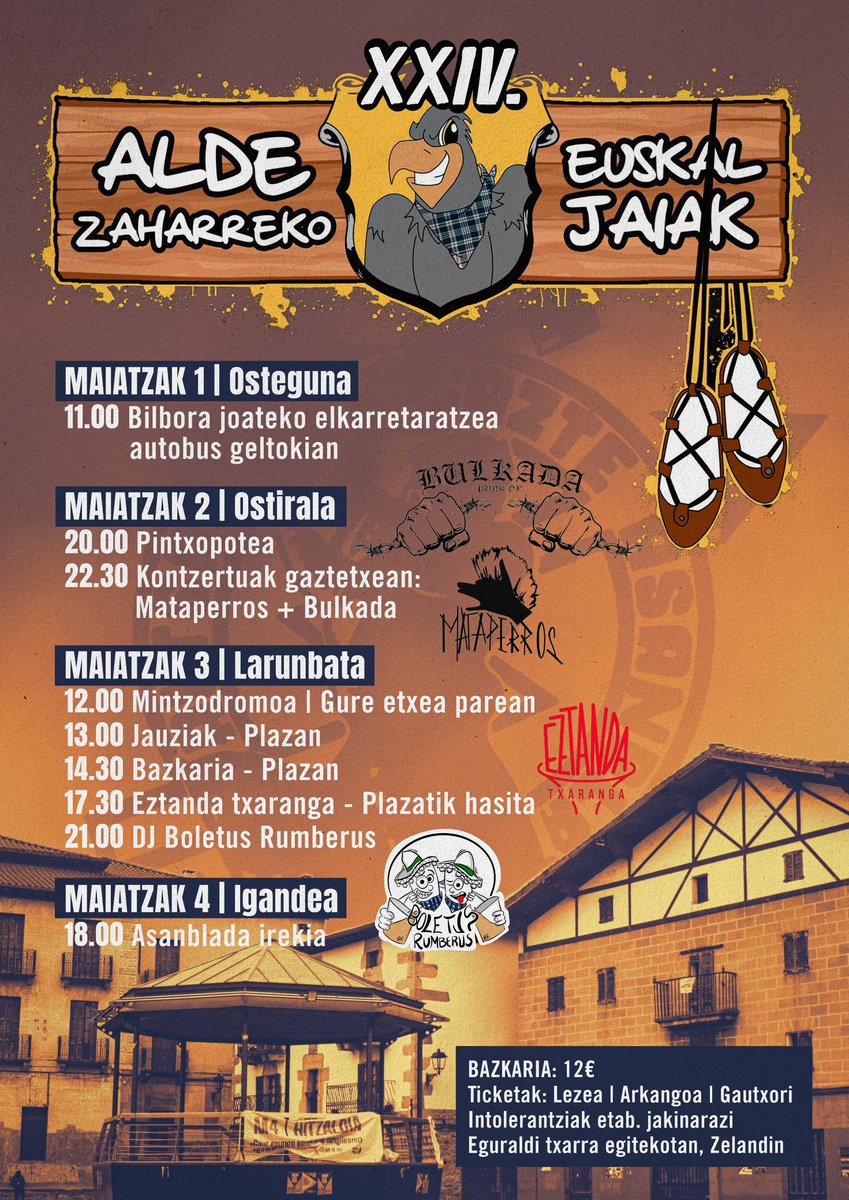 ALDE ZAHARREKO EUSKAL JAIAK!

Hemen dugu aurtengo egitaraua!

🍽️Tiketak hartzeko
        - Lezea
        - Arkangoa
        -Gautxori

   Begeta edo itolerantziarik izatekotan abixatu tabernan bertan

Gazte guztiok bat eginikan ez galbiltz gerorik gabe!
