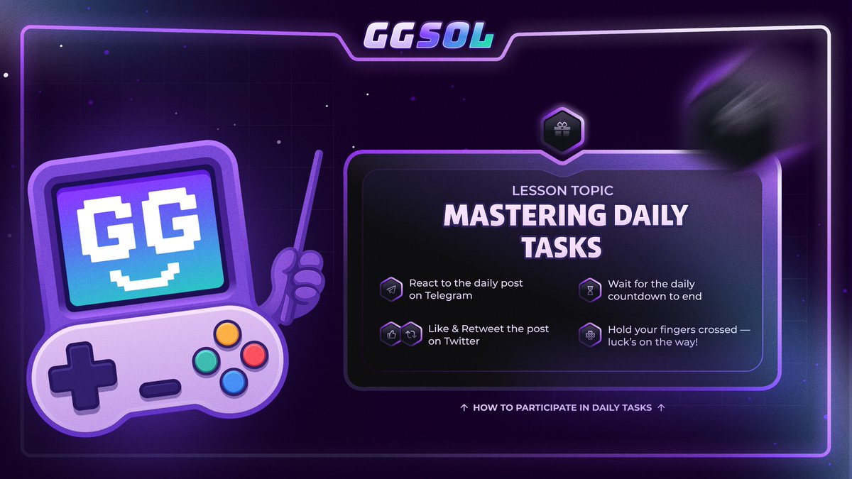 GGSOLio's tweet image. 📝Chasing that A+ at GGSOL?

Then show up daily, stay sharp, and complete your tasks — it’s that simple.

Feeling a bit geeky? Here’s your checklist:
🟣 React on Telegram
🟣 Like &amp;amp; RT on Twitter
🟣 5 winners — 1 SOL each, every day