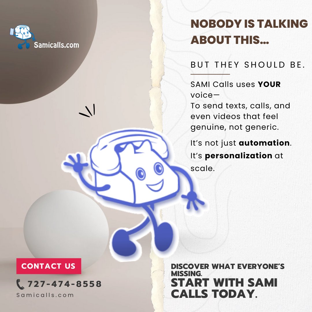 samicalls's tweet photo. Nobody is talking about this…
But they should. 👀
SAMI uses your voice to send automated messages that feel real — not robotic.
🎤 Texts. Calls. Videos.
📲 https://t.co/vOsj2178zM
#SAMIcalls #AutomationThatConnects #PersonalizationAtScale #BusinessTools https://t.co/NWCpyz8FyA