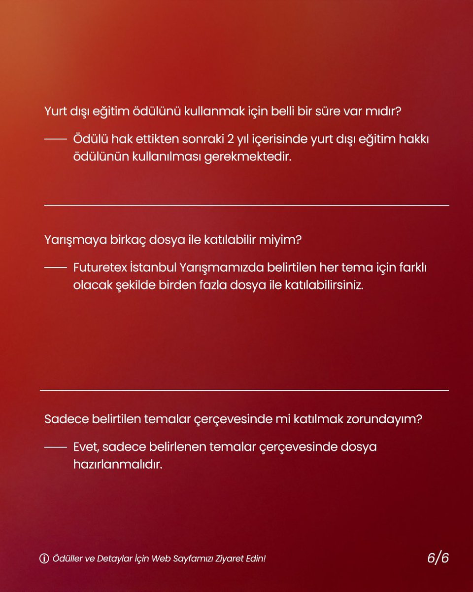 Yarışmamıza dair en sık sorulan soruların cevaplarını sizler için derledik. Tüm sorularınız için bizlere DM yoluyla ulaşabilir veya detaylı bilgi için web sitemizi ziyaret edebilirsiniz. 🌟

📣 Yarışmamıza başvuru için son tarih 30 Haziran!

#Futuretex2025 #KumaşTasarımYarışması