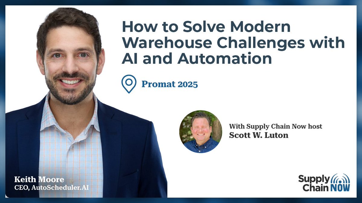 _supplychainnow's tweet photo. 🚀 Straight from the #ProMat2025 floor!
@ScottWLuton chats with Keith Moore, CEO of @AutoschedulerAI, about AI, automation, and cracking the code on modern warehouse challenges.
From labor shortages to legacy tech—this convo has the insights you need.
🔔 Subscribe for more exclusive content from the biggest events in supply chain!
🎧 Watch now: https://t.co/HPVHBSJ9v7
#ProMat2025 #WarehouseAutomation #AI #SupplyChain #LogisticsTech #AutoScheduler #SupplyChainNow