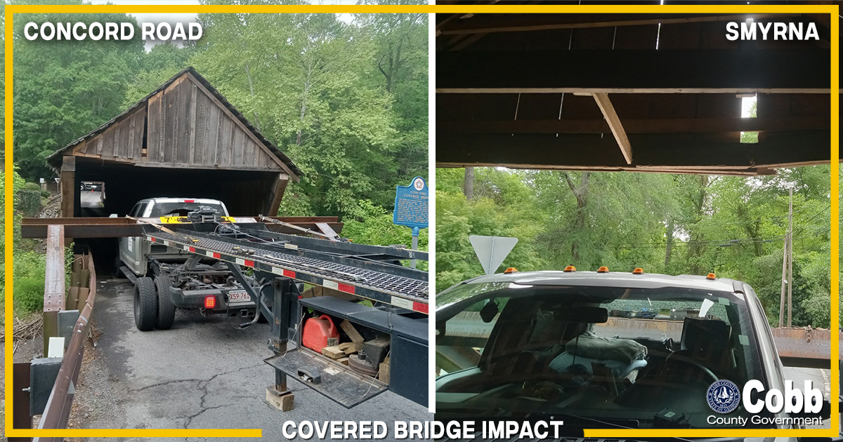 cobbcountygovt's tweet image. 🚧 TRAFFIC ALERT | CONCORD ROAD
Cobb DOT is repairing damage to the historic Covered Bridge near Smyrna/Mableton after a car carrier ignored warning signs and got stuck. The driver was cited, and April is Distracted Driving Awareness Month. Stay alert! #CobbDOT #DriveSmart