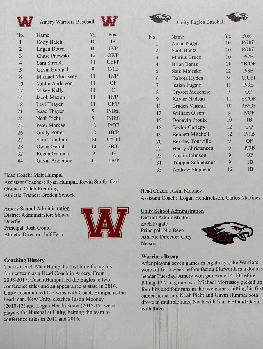 Game tonight vs Unity at 5:00. JV in Unity at 5:00