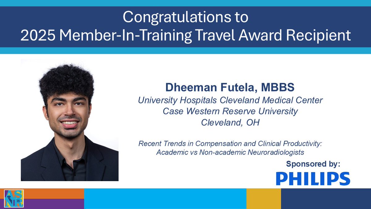 TheASNR's tweet photo. Congratulations to Dheeman Futela, MBBS, a 2025 Member-In-Training Travel Award winner! Recipients receive waived in-person conference registration &amp; $$ to cover travel expenses to the #ASNR25 meeting. Get more info and view all of the recipients here: https://t.co/MkRV3U9Wkc https://t.co/d4OvgnCcyP