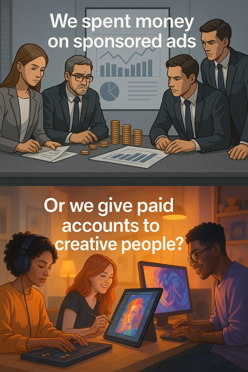 ai4everyday's tweet photo. We in Moofeedcom, we are asking for your opinion:

*We spent money on sponsored ads? 
*Or we give paid accounts to creative people?

#aiart #moofeedcom https://t.co/VH2R4E1PPA