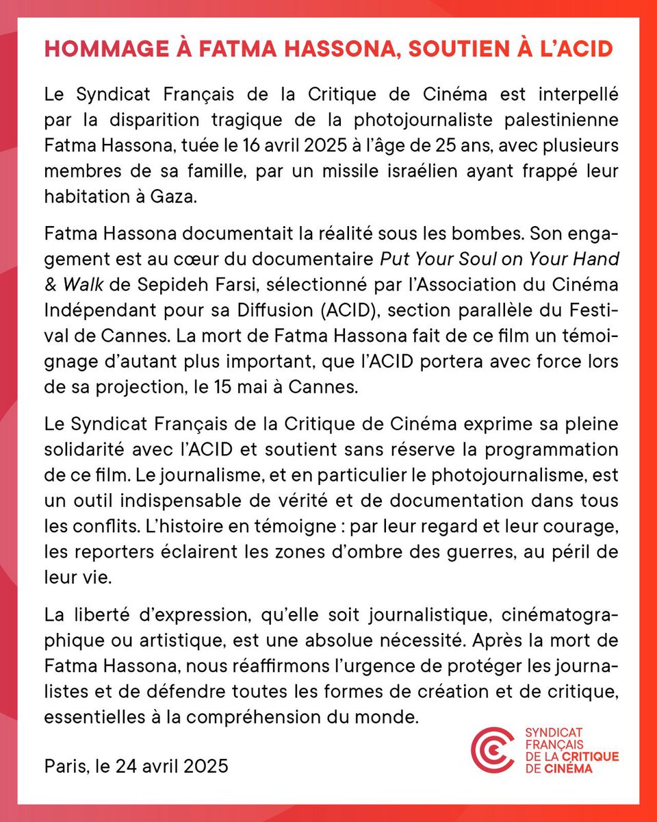 Communiqué du Syndicat Français de la Critique de Cinéma

HOMMAGE À FATMA HASSONA, SOUTIEN À L'ACID

Texte en intégralité : syndicatdelacritique.com/actualite/homm…