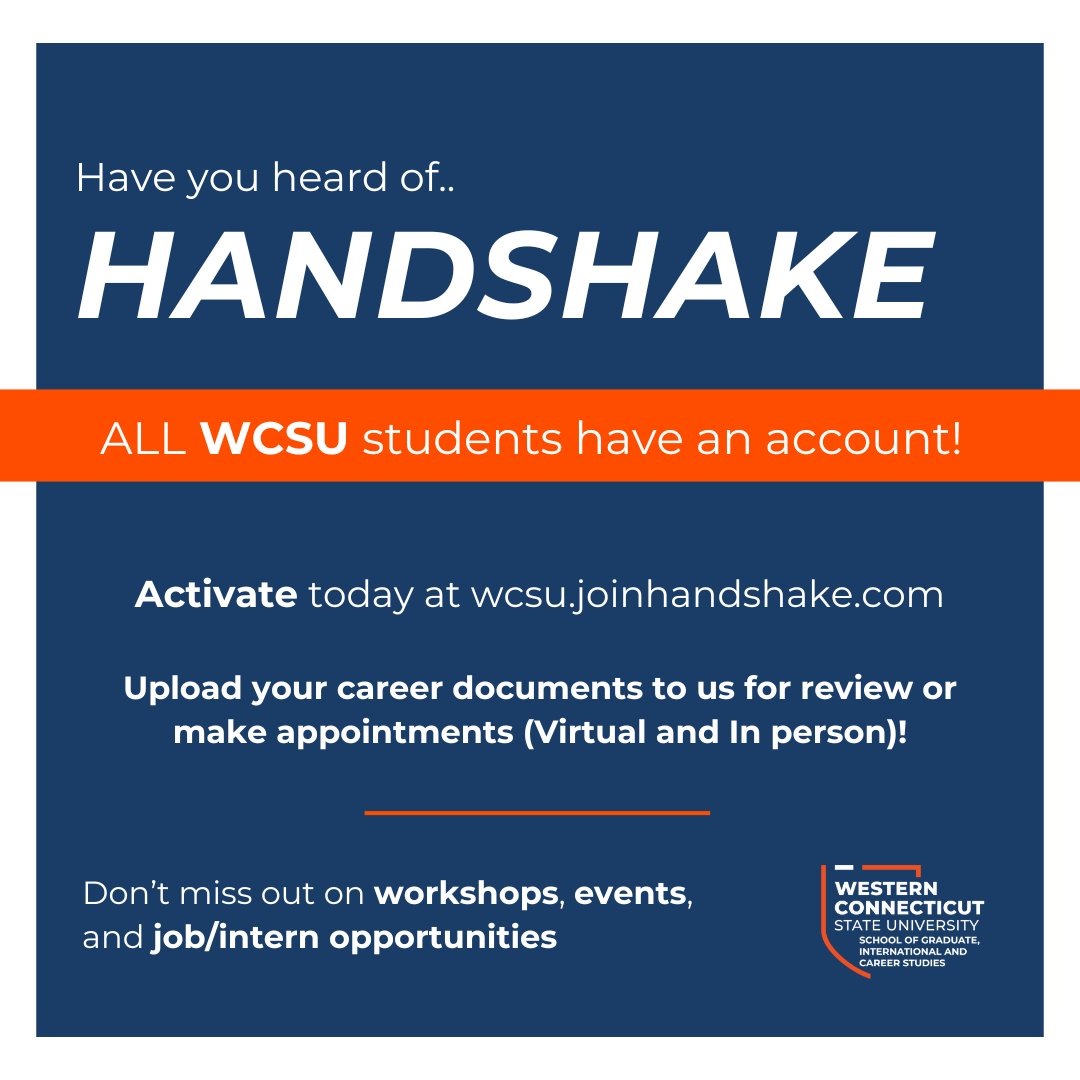 Are you on Handshake yet? Set your account up today at wcsu.joinhandshake.com

Have any questions? Reach out to us!

Our office is also open to Alumni (email hoyc@wcsu if you need help accessing your account).

.
.
.

#WCSU #SGIAC #Internship #Resume #GetAhead