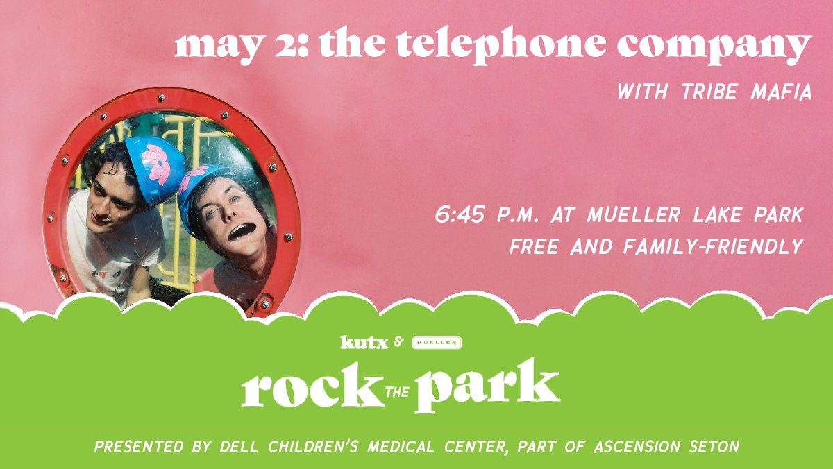 KUTX 98.9 (@kutx) on Twitter photo FRIDAY, MAY 2 — it’s the finale of our Spring season of Rock the Park! Join us at Mueller Lake Park for a free, family-friendly show with The Telephone Company and <a href="/TribeMafia/">Tribe Mafia ⛺️</a>! Info kutx.org/rockthepark
Presented by @DellChildrens Medical Center, part of <a href="/AscensionSeton/">Ascension Seton</a> ✨ FRIDAY, MAY 2 — it’s the finale of our Spring season of Rock the Park! Join us at Mueller Lake Park for a free, family-friendly show with The Telephone Company and <a href="/TribeMafia/">Tribe Mafia ⛺️</a>! Info kutx.org/rockthepark
Presented by @DellChildrens Medical Center, part of <a href="/AscensionSeton/">Ascension Seton</a> ✨