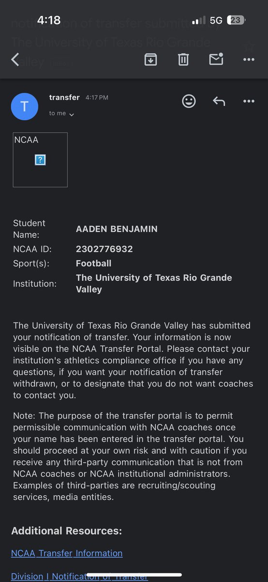 Aaden Benjamin (@aadenbenjamin15) on Twitter photo I’d like to thank <a href="/UTRGVFootball/">UTRGV Football</a> and <a href="/CoachAdayMac11/">Adrian McDonald, M.Ed</a> for the opportunity here at UTRGV.
But after much consideration and talking with my family, I’ve decided to officially enter my name into the transfer portal with 4 years left of eligibility.
My recruitment is 100% open. I’d like to thank <a href="/UTRGVFootball/">UTRGV Football</a> and <a href="/CoachAdayMac11/">Adrian McDonald, M.Ed</a> for the opportunity here at UTRGV.
But after much consideration and talking with my family, I’ve decided to officially enter my name into the transfer portal with 4 years left of eligibility.
My recruitment is 100% open.