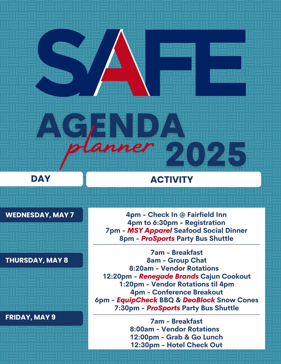 Countdown Time!!! Big thanks to our event sponsors for SAFE Expo 2025 - we couldn’t do this without you all. 😎 <a href="/deoblock/">deoblock</a> <a href="/MSYAPPAREL/">MSY APPAREL</a> <a href="/equipcheck/">EquipCheck</a> <a href="/renegadebrands/">Renegade Brands</a> <a href="/ProGearFB/">Pro Gear Sports</a>