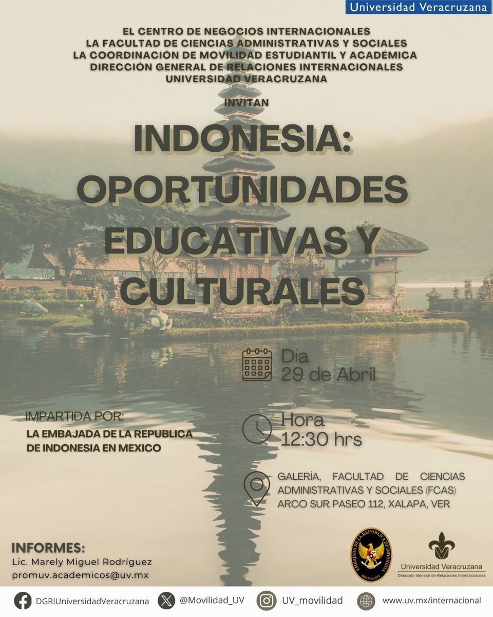 ¡Atención, #ComunidadUV!
Este martes 29 de abril a las 12:30 h tenemos una cita con el mundo en la Galería de la FCAS.
La Embajada de la República de Indonesia en México nos visita para compartir una charla imperdible sobre oportunidades educativas y culturales en Indonesia.