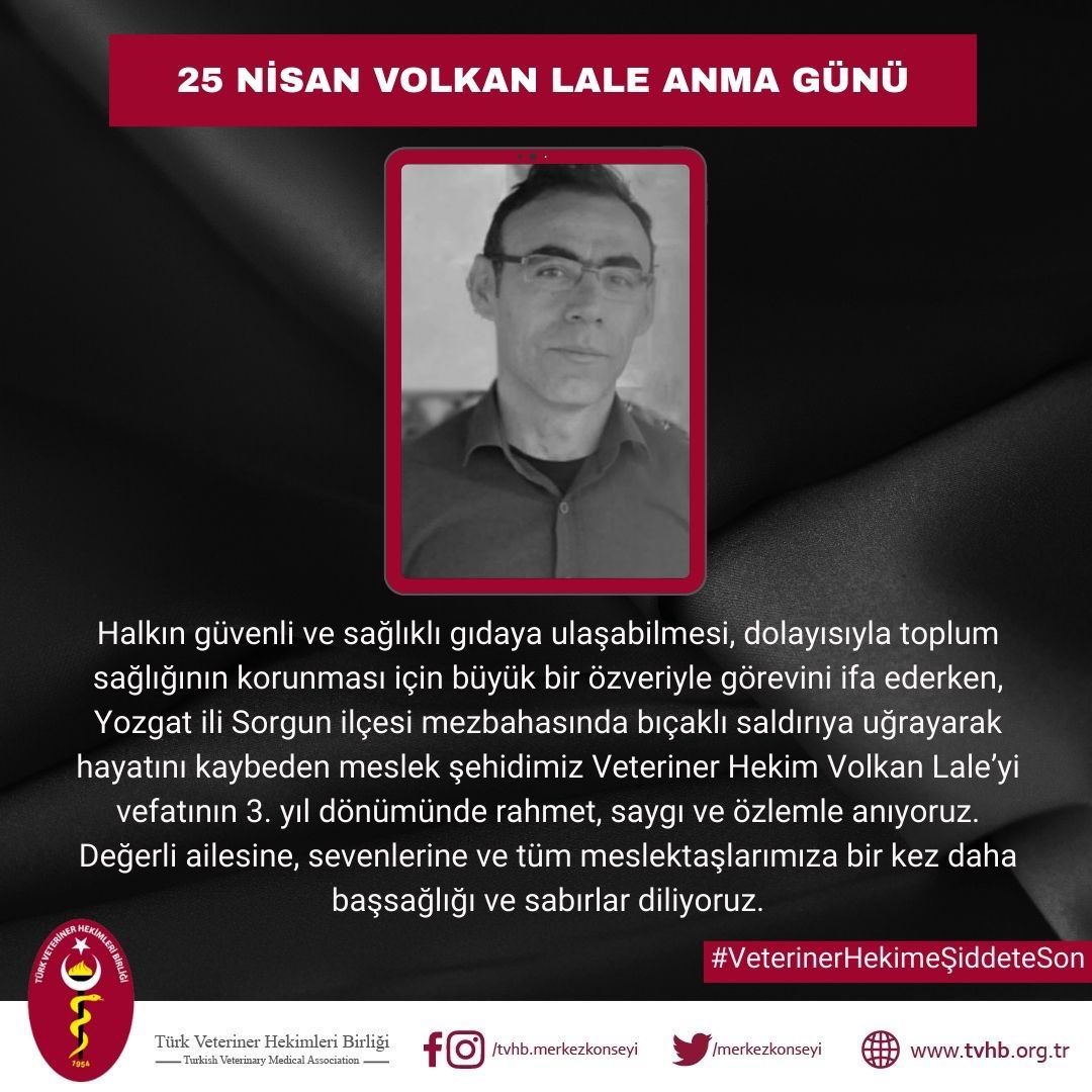 Yozgat ili Sorgun ilçesi mezbahasında bıçaklı saldırıya uğrayarak hayatını kaybeden meslek şehidimiz Veteriner Hekim Volkan Lale’yi vefatının 3. yıl dönümünde rahmet, saygı ve özlemle anıyoruz.

#SağlıktaŞiddeteSon #VolkanLaleAnmaGünü